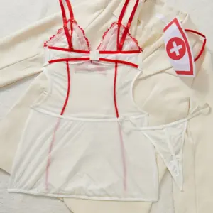 Sexy Sheer Mesh Naughty Nurse Lingerie - White Red Cami Mini Dress with Thong & Hat 6