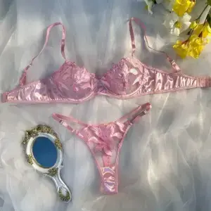Pink Fairy Embroidery Lingerie Set - Satin Push-Up Bra & Thong with Sheer Lace 6