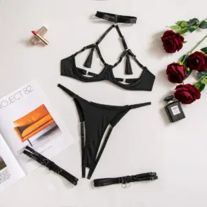 Tassel Halter Lingerie Set with Choker – Cut-Out Sexy Bra and Thong 6