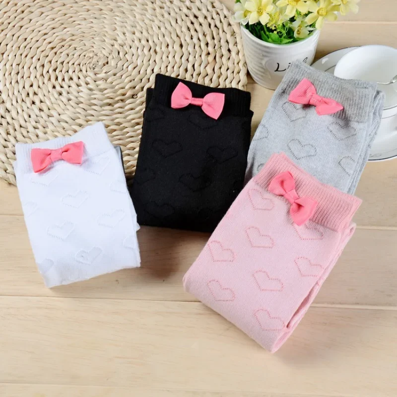 Kawaii Bow Thigh-High Stockings - Cute Heart Embroidery Over-Knee Socks with Pink Bow Patch (Pink/White/Gray/Black) 2