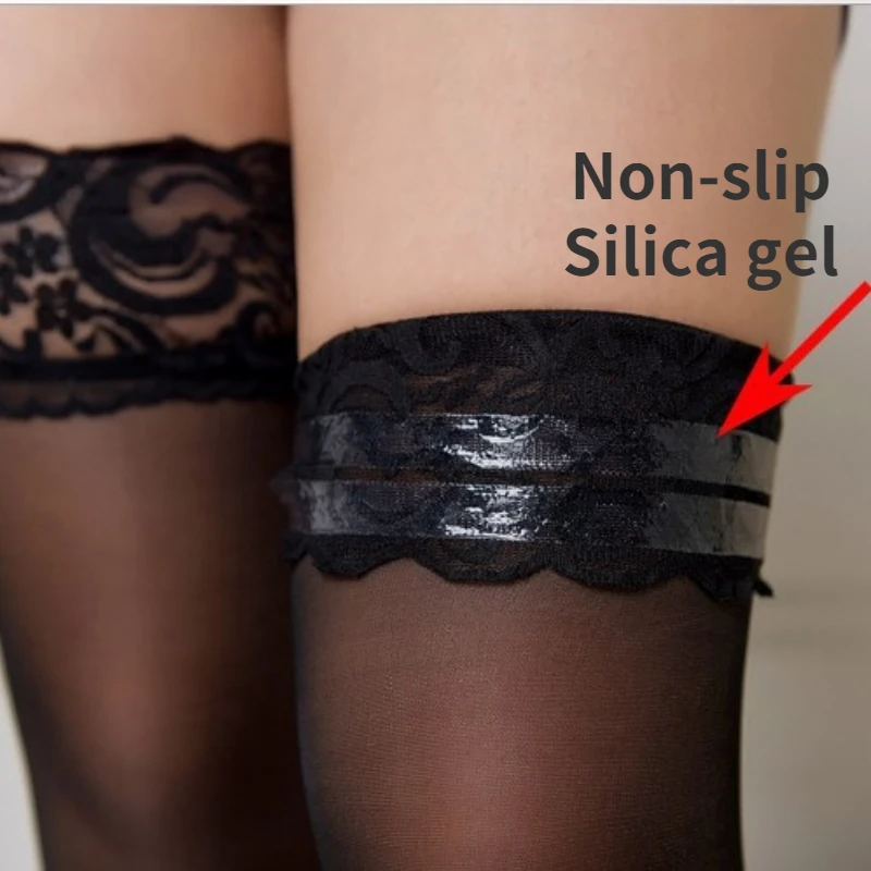 Sexy Lace Thigh-High Stockings with Anti-Slip Silicone - Sheer Transparent Over-Knee Hosiery for Women (Black/Nude) 1 Sexy Lace Thigh-High Stockings with Anti-Slip Silicone - Sheer Transparent Over-Knee Hosiery for Women (Black/Nude) 1