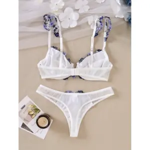 Floral Embroidery See-Through Lingerie Set - Blue-Purple Push-Up Bra & Thong - White Semi-Transparent Lace Luxury 2-Piece Exotic Underwear 5