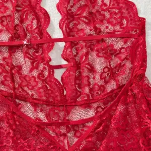 Red Lace Halter Teddy Babydoll - Deep V Ruffled Lingerie Set 5
