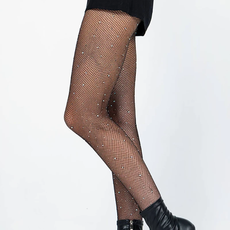 Rhinestone Fishnet High-Waist Pantyhose - Sparkly Black Sexy Thigh-High Tights for Women (1 Pair) 2