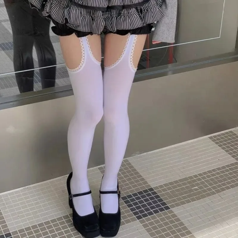 Y2K Suspender Thigh-High Stockings with Thigh Cutouts & Garters - Wide Lace Velvet Tights (Black/White, Lolita JK Style) 6