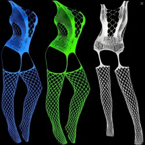 Glow-in-the-Dark Fishnet Bodysuit – Luminous Crotchless Teddy Stockings 1