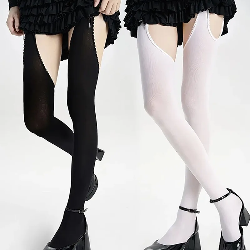 Y2K Suspender Thigh-High Stockings with Thigh Cutouts & Garters - Wide Lace Velvet Tights (Black/White, Lolita JK Style) 2