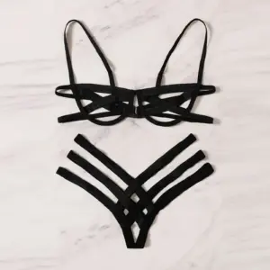 Amnesia Bondage Hollow-Out Strappy Lingerie Set - Black/Burgundy Cage Bralette & Thong - Extreme Sexy BDSM Erotic Underwear 2