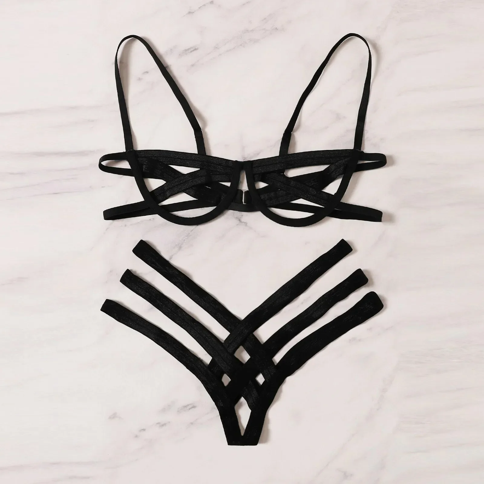Amnesia Bondage Hollow-Out Strappy Lingerie Set - Black/Burgundy Cage Bralette & Thong - Extreme Sexy BDSM Erotic Underwear 2