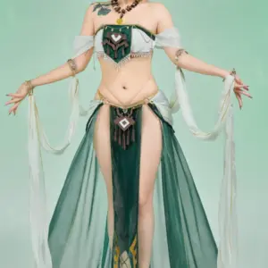 Princess Zelda Derivative Sexy Dance Lingerie Costume - Green Sheer Skirt Top with Headpiece & Necklace 1