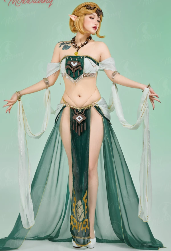Princess Zelda Derivative Sexy Dance Lingerie Costume - Green Sheer Skirt Top with Headpiece & Necklace 1
