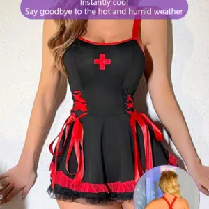 Sexy Backless Nurse Lingerie - Black/White Lace Sling Mini Dress with Red Ribbon & Cap 3