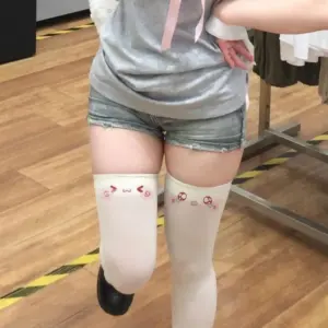 Kawaii Cat Expression Thigh-High Stockings - Cute Printed Over-Knee Socks (White/Black, Harajuku JK Style) 1