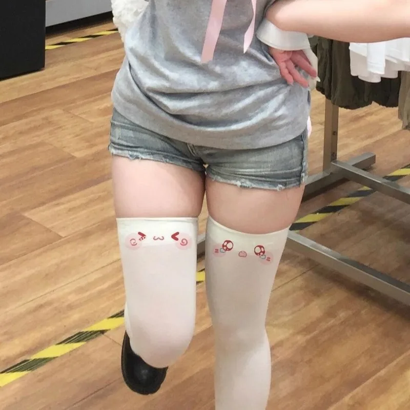 Kawaii Cat Expression Thigh-High Stockings - Cute Printed Over-Knee Socks (White/Black, Harajuku JK Style) 1