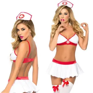 Sweet Heart Sexy Nurse Lingerie Cosplay - White Red Teddy Babydoll Set with Hat & Mini Skirt 1