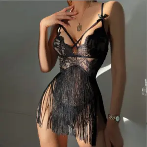Lace Fringe Chemise Babydoll - Cross Back Tassel Mini Dress 2