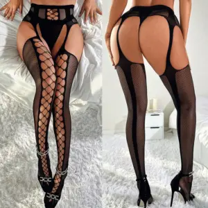 Black Sparkle Diamond Cut-Out Fishnet Garter Thigh High Stockings - High-Waist Open-Crotch Glitter Accent - Sexy BDSM Erotic Leg Stockings 6