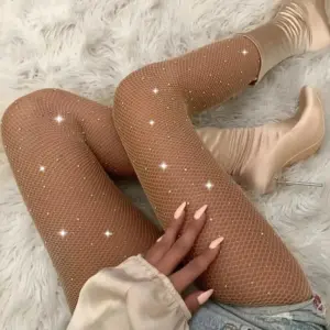 Rhinestone Fishnet High-Waist Pantyhose - Sparkly Black Sexy Thigh-High Tights for Women (1 Pair) 3