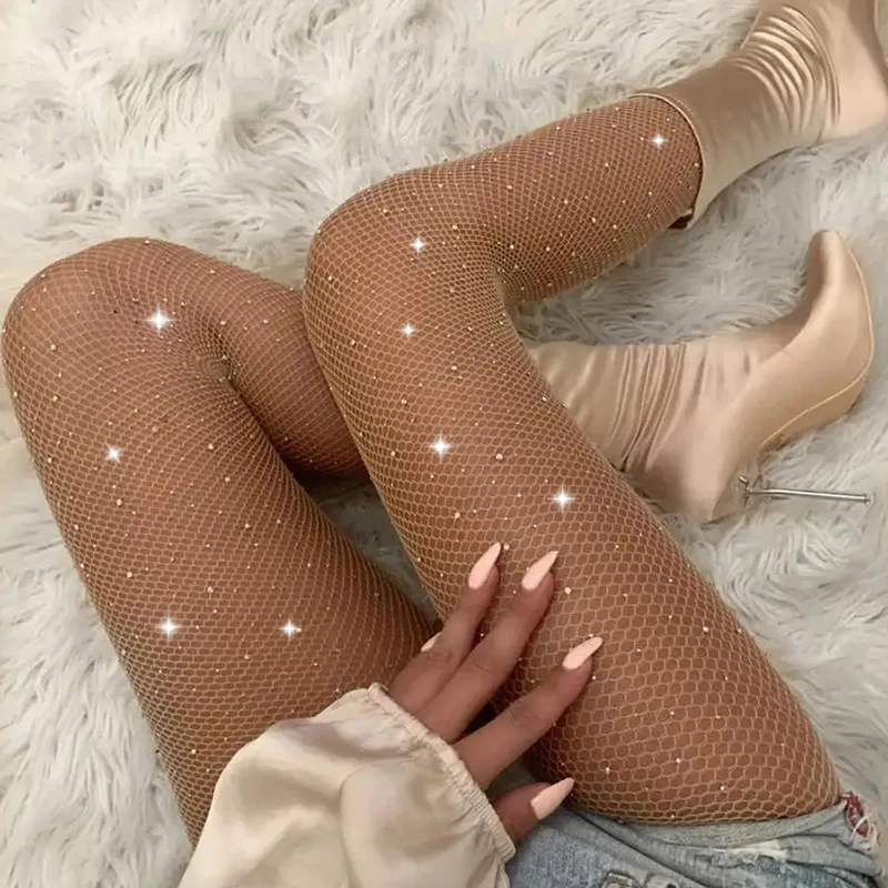 Rhinestone Fishnet High-Waist Pantyhose - Sparkly Black Sexy Thigh-High Tights for Women (1 Pair) 3