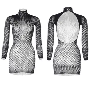 Long Sleeve Big Hole Fishnet Crotchless Mini Dress – Strapless Sheer Bodystocking 6