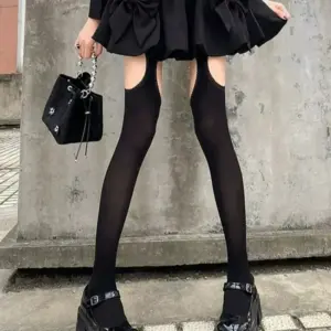 Y2K Suspender Thigh-High Stockings with Thigh Cutouts & Garters - Wide Lace Velvet Tights (Black/White, Lolita JK Style) 4