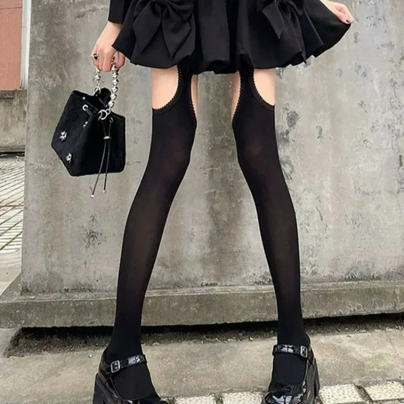 Y2K Suspender Thigh-High Stockings with Thigh Cutouts & Garters - Wide Lace Velvet Tights (Black/White, Lolita JK Style) 4