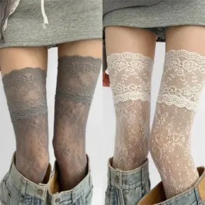 Women's Lace Floral Thigh High Stockings - Breathable Nylon Mesh Over-Knee Socks for JK 1