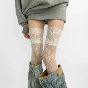 Floral Lace Fishnet Thigh-High Stockings - Y2K JK Lolita Over-Knee Mesh Socks (Black, 1/3 Pairs) 5