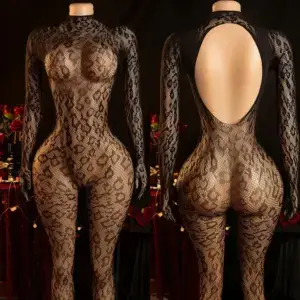 Sexy Leopard Fishnet Bodysuit - Long Sleeve High Stretch Deep Backless Sheer Stocking 1