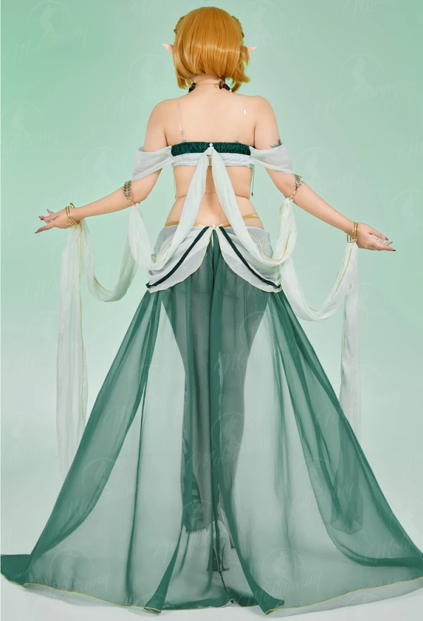 Princess Zelda Derivative Sexy Dance Lingerie Costume - Green Sheer Skirt Top with Headpiece & Necklace 2