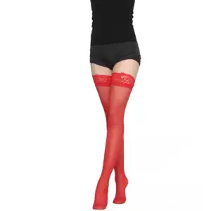 Lace Trim Thigh-High Stockings - Sheer Over-the-Knee Socks with Floral Cuffs (Black/Nude/Red) 6