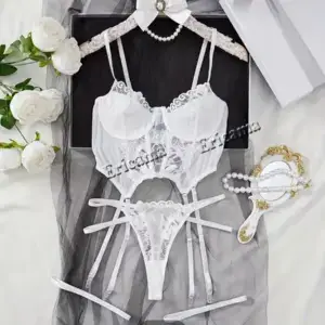 Ericalama Lace Garter Bodysuit Set - Sheer Mesh Push-Up Lingerie with Thong & Straps 2
