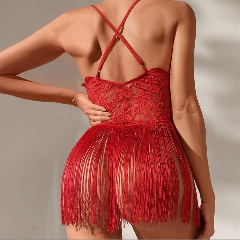 Lace Fringe Chemise Babydoll - Cross Back Tassel Mini Dress 4