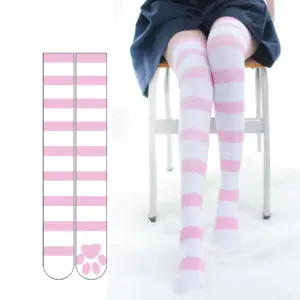 Striped Cat Paw Thigh-High Socks - Kawaii Lolita Over-Knee with Paw Print Soles (Pink/Blue/Black Stripes) 1