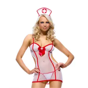 Sexy Nurse Maid Lingerie Cosplay Set - Sheer White Red Mesh Dress with Stockings & Cap 5