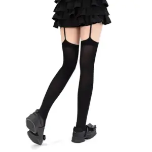 Gothic Cross Suspender Thigh-High Stockings - Adjustable Garter with Charm Over-Knee Socks (Black/White) 6