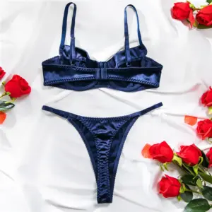 Solid Satin Sexy Lingerie Set - Navy/Red Ultra-Thin Seamless Bra & Thong - Romantic Glossy Erotic 2-Piece Underwear 2