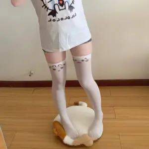 Kawaii Cat Expression Thigh-High Stockings - Cute Printed Over-Knee Socks (White/Black, Harajuku JK Style) 4