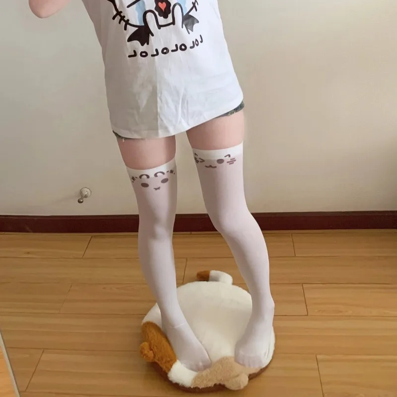 Kawaii Cat Expression Thigh-High Stockings - Cute Printed Over-Knee Socks (White/Black, Harajuku JK Style) 4