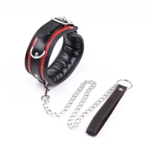 Red & Black Leather Bondage Collar – Thick Sponge Padding + Metal Chain Leash Ring, Light to Medium BDSM Restraint Collar 1