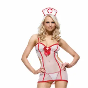 Sexy Sheer Mesh Naughty Nurse Lingerie - White Red Cami Mini Dress with Thong & Hat 3