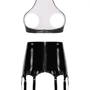 YZYif Patent Leather Open-Cup Garter Set - Glossy High-Neck Hollow Bra Top + Mini Skirt + Metal Garters - Black/Red Erotic BDSM Queen Lingerie 2