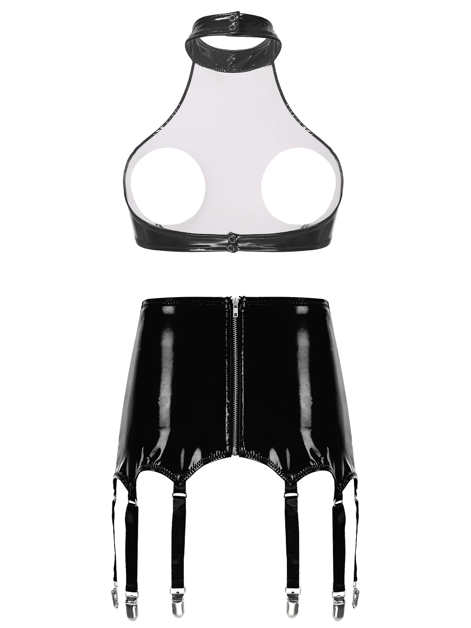 YZYif Patent Leather Open-Cup Garter Set - Glossy High-Neck Hollow Bra Top + Mini Skirt + Metal Garters - Black/Red Erotic BDSM Queen Lingerie 2