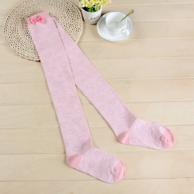 Kawaii Bow Thigh-High Stockings - Cute Heart Embroidery Over-Knee Socks with Pink Bow Patch (Pink/White/Gray/Black) 6