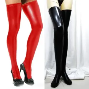 PU Leather Thigh-High Stockings - Glossy Over-Knee Socks with Wet-Look Shine (Black/Red/Silver/Gold) 6