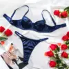 Solid Satin Sexy Lingerie Set - Navy/Red Ultra-Thin Seamless Bra & Thong - Romantic Glossy Erotic 2-Piece Underwear 1