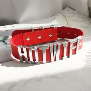 HOTWIFE Letter Choker – Red PU Leather Adjustable Collar, Couple Role-Play Fashion Accessory 1