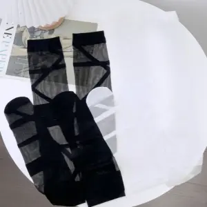 Gothic Lolita Bandage Thigh-High Stockings - Ultra-Thin Transparent Mesh with Crisscross Straps (Black/White) 6