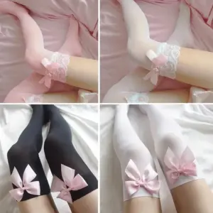 Cute Pink Bow Thigh-High Stockings with Lace Trim - Sweet Over-Knee Sheer Socks for Women (White & Black) 1