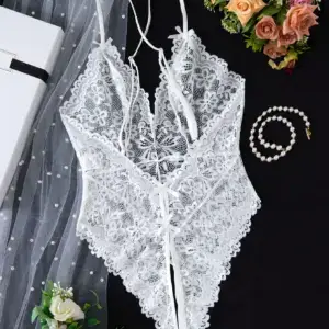 Elegant White Lace Bodysuit - Sexy Lingerie for Women with Crisscross Back Straps 2